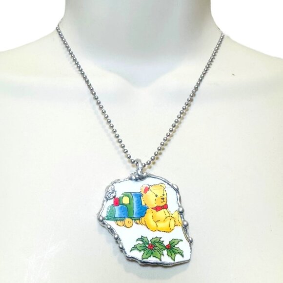Broken China Teddy Bear w/ Presents Pendant Encased in Silver Bezel Handcrafted - Picture 6 of 14